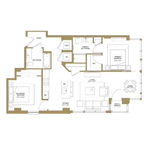 A floor plan of a house with a living room, dining room, kitchen, and bathroom.
